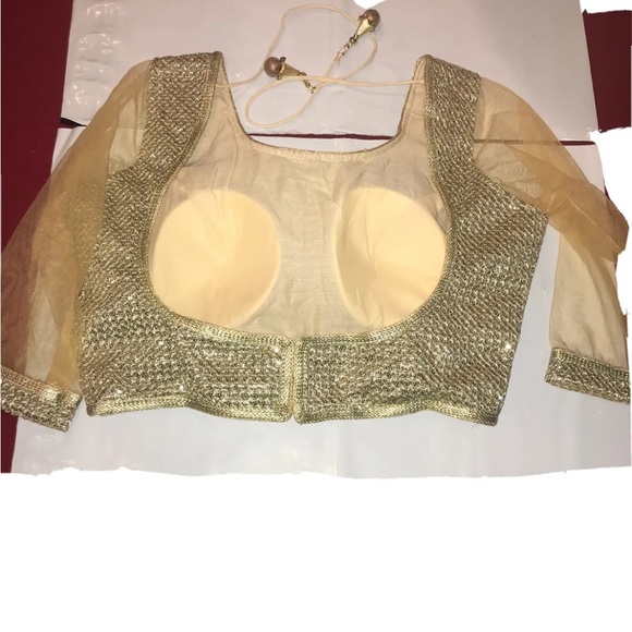 genie GOLD Belly dancer top Gypsy cropped mermaid sheer sleeves dance shirt S M - Picture 4 of 13